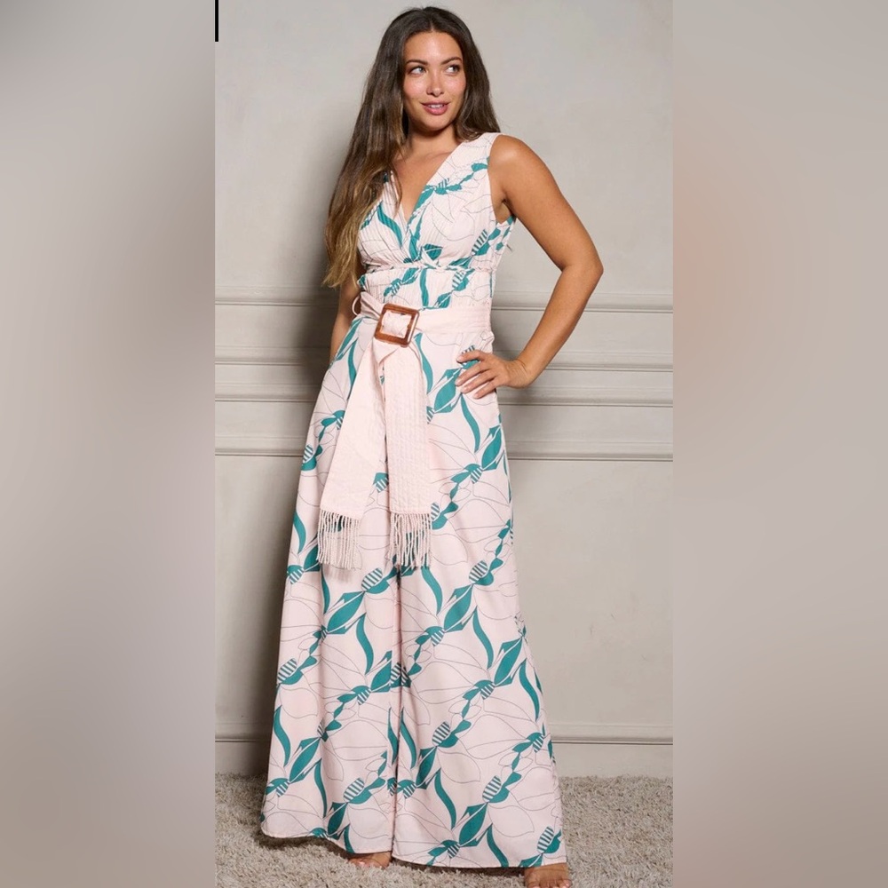 Pink Green Tropical Print Wide-Leg Jumpsuit Boutique Sz Small